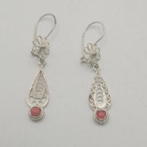 Unmarked 925 Sterling Silver Red Cabochon Filigree Teardrop Earrings 1.5 In